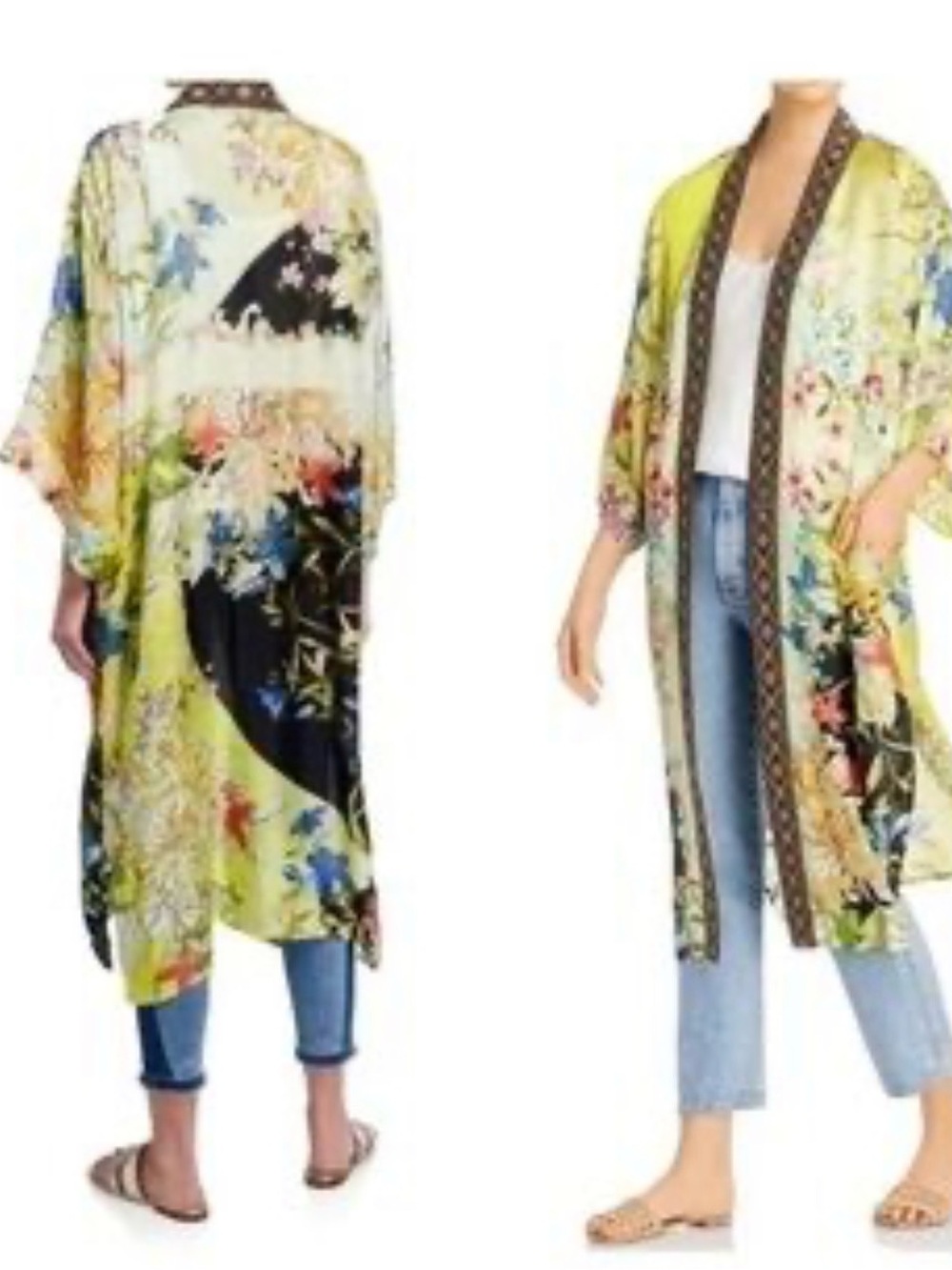 Johnny Was Embroidered Collar 100% Silk Kimono M with Pockets
